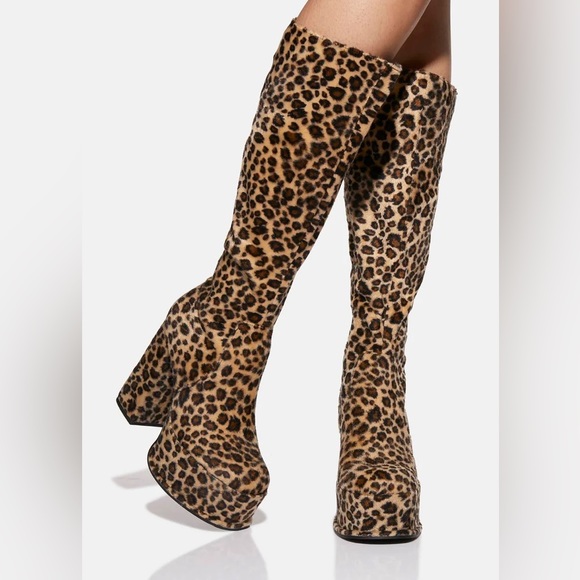 BN Dolls Kill Shellys Kia Leopard Platform Knee Boots 5 / 38 - Picture 2 of 4